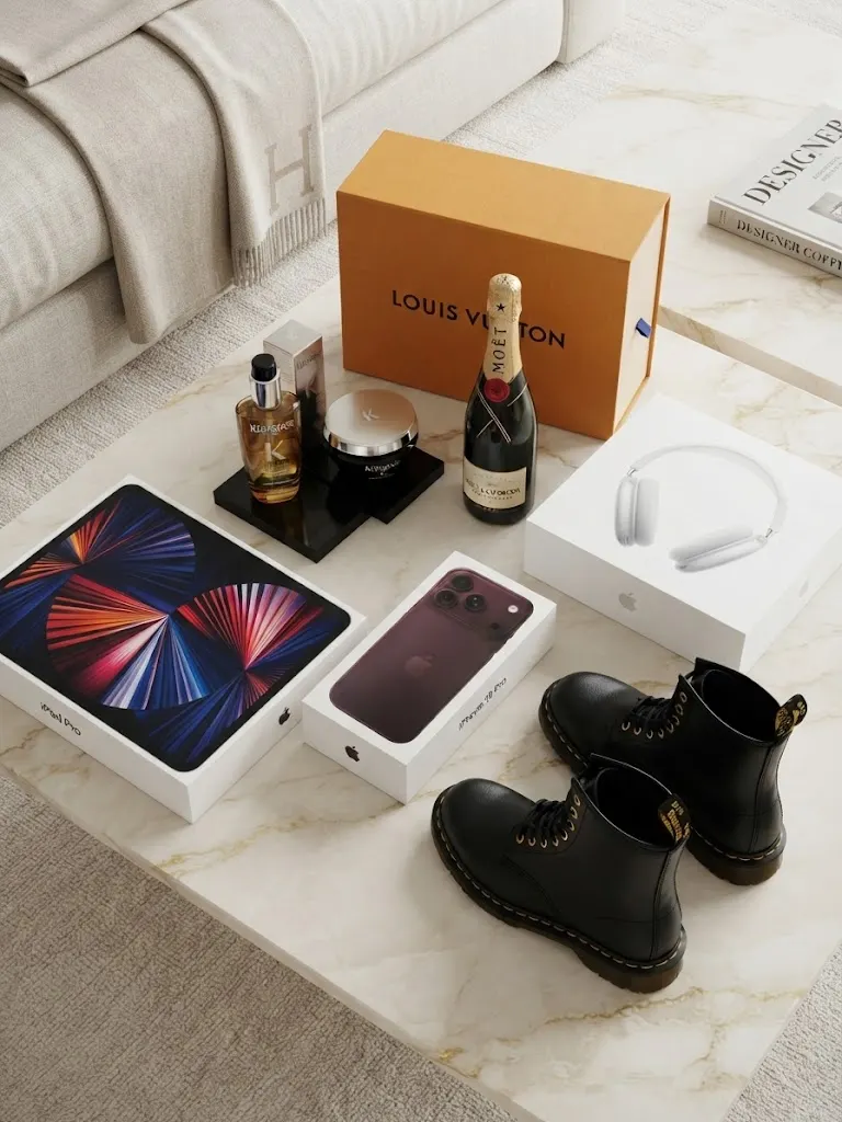 Prizes of the draw on a marble table: Louis Vuitton box, iPhone, iPad, AirPods Max, Kérastase care, champagne and Dr. Martens boots