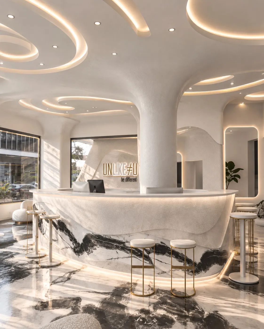 Lounge area with a curved counter to arrive at