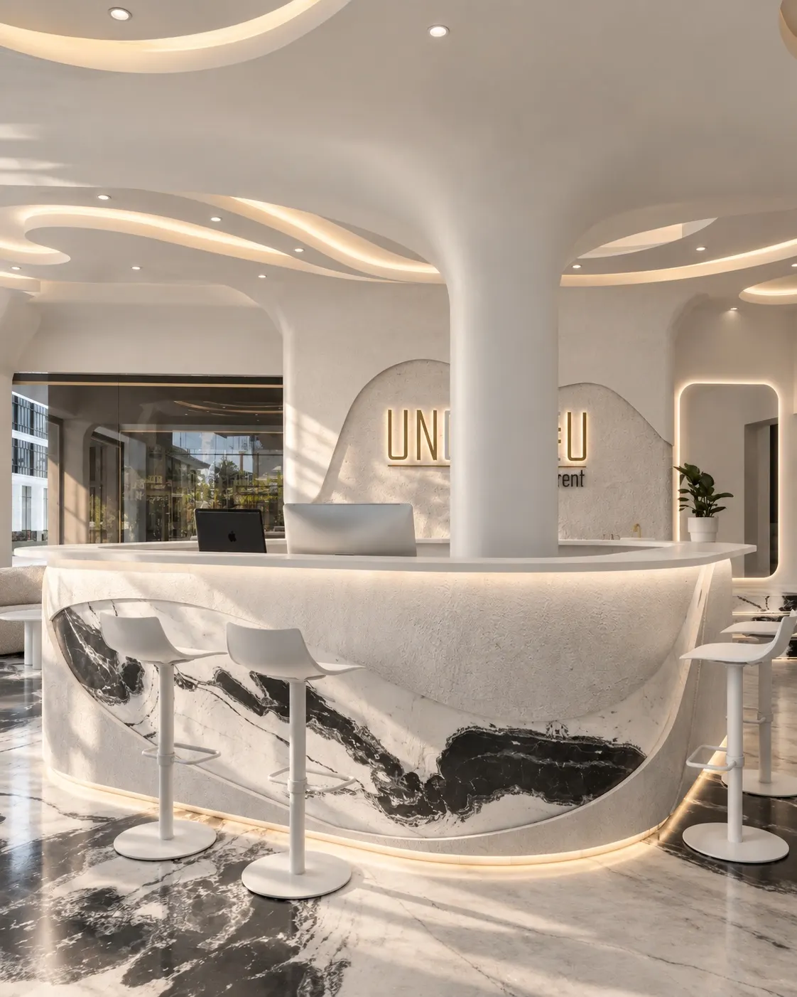 Curved marble reception counter
