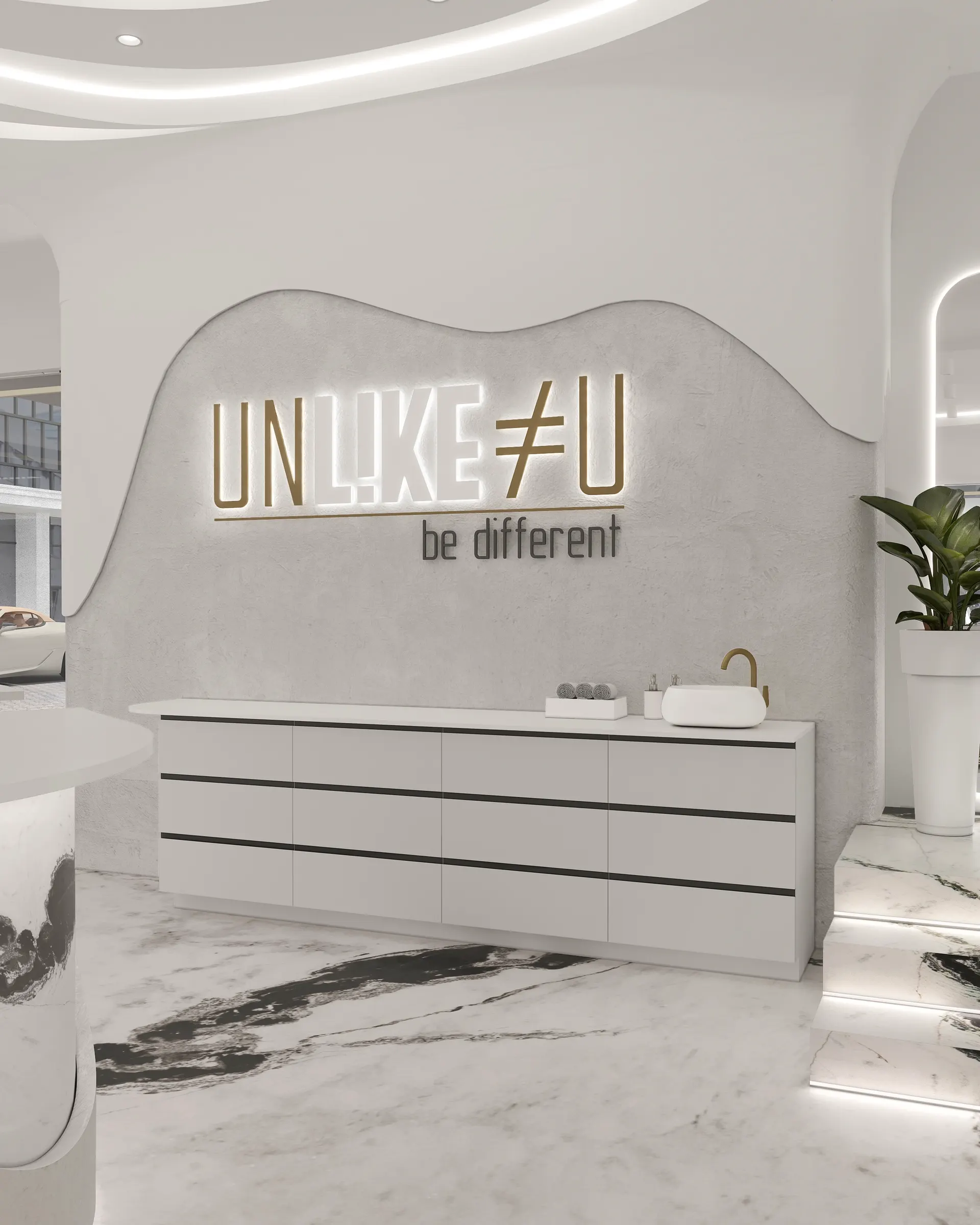 Illuminated UNLIKE≠U lettering on the curved plaster wall