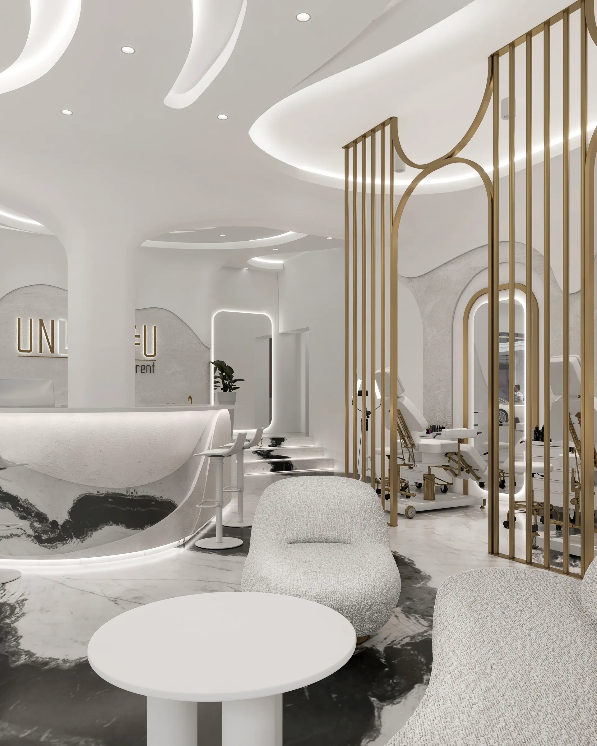 Studio lounge with brass slats screening the treatment areas
