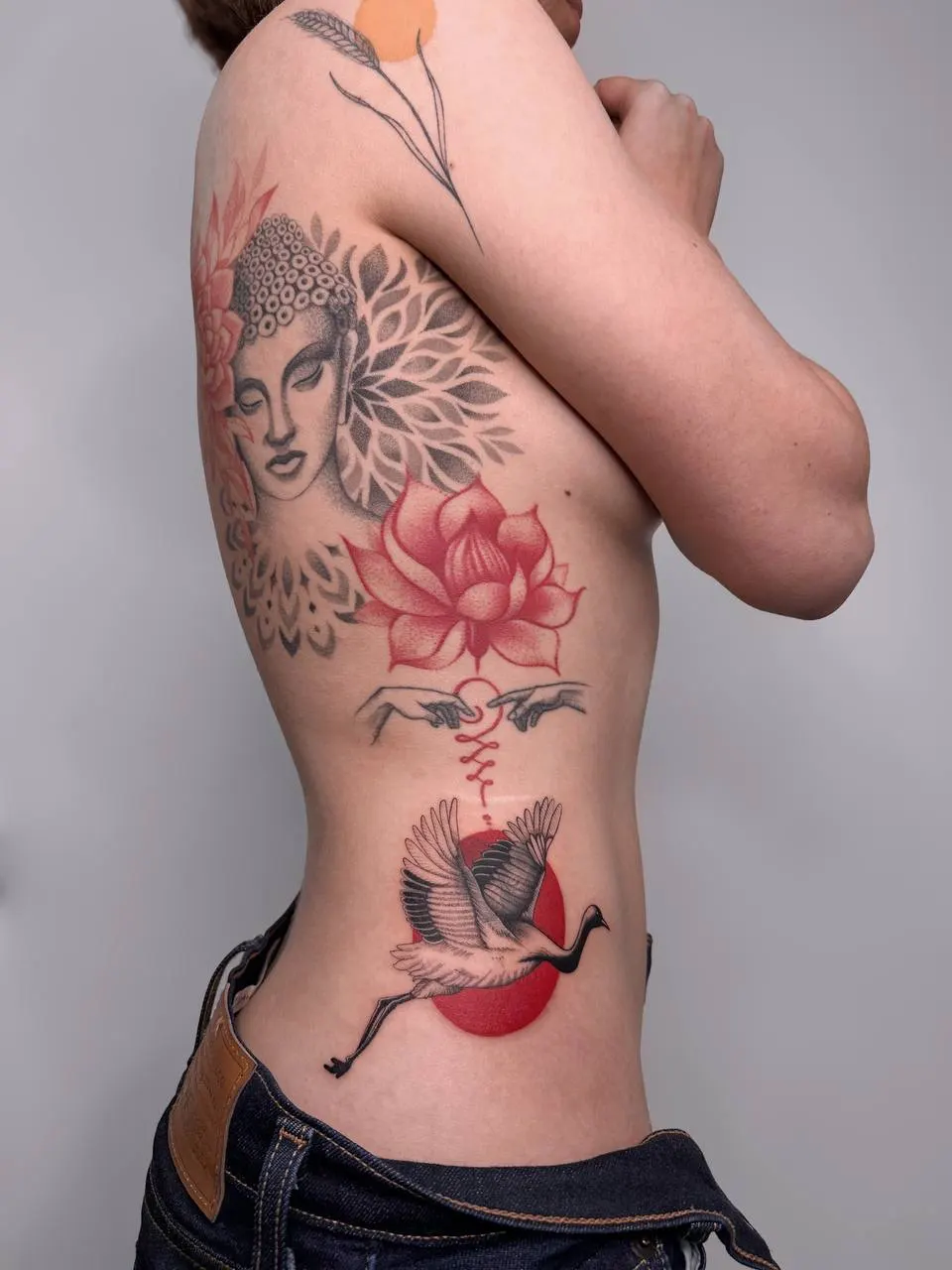 Buddha Lotus und Kranich am Ruecken – Colour Tattoo