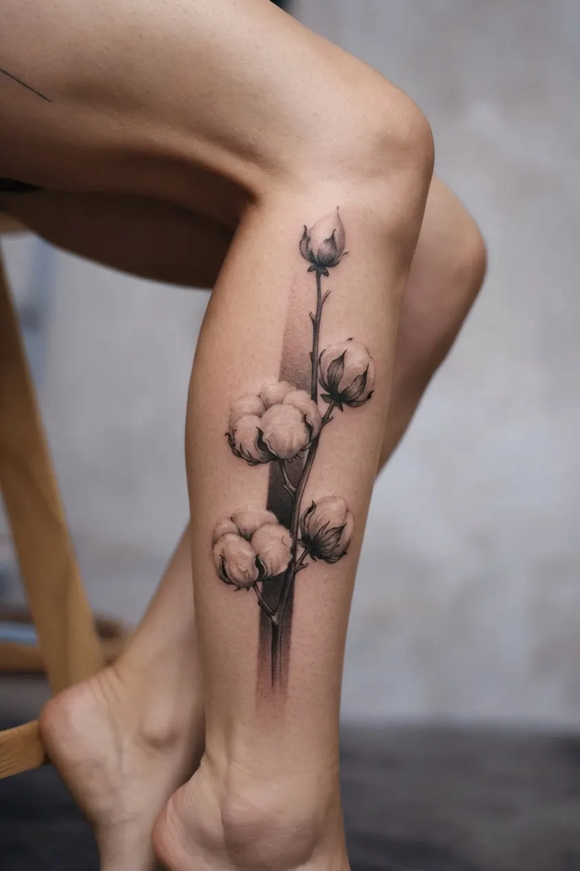 Baumwollzweig am Unterschenkel – Fineline Tattoo