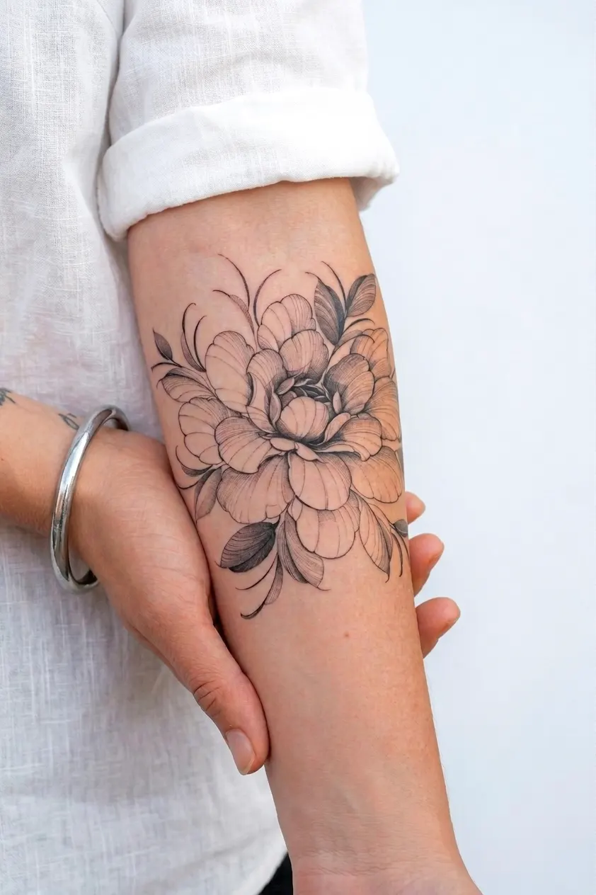 Pfingstrose am Unterarm – Fineline Tattoo